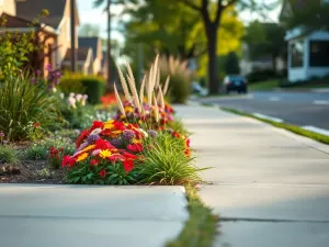 Rabatka z długo kwitnącymi bylinami: jeżówkami, floksami i liliowcami na tle ogrodowej ścieżki i zielonych krzewów.