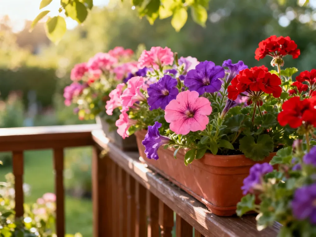 Kolorowe petunie i pelargonie w doniczkach na drewnianej balustradzie balkonu w słoneczny, sierpniowy dzień.