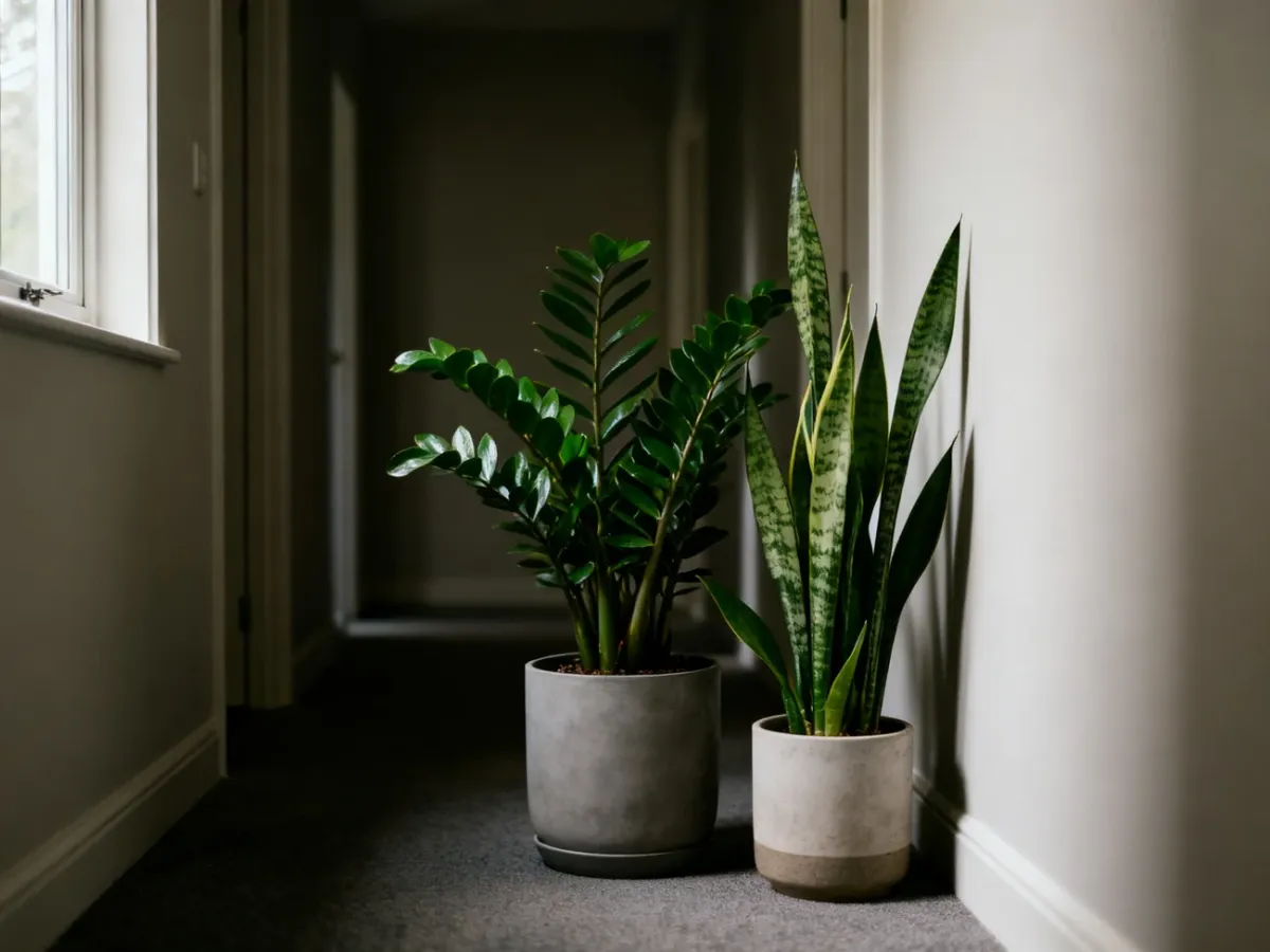 Zamiokulkas, sansewieria i aspidistra w zacienionym korytarzu