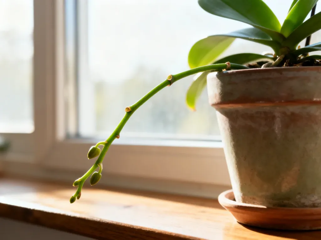 Zdrowy pęd storczyka Phalaenopsis z widocznymi węzłami po opadnięciu kwiatów, ustawiony na drewnianym parapecie.
